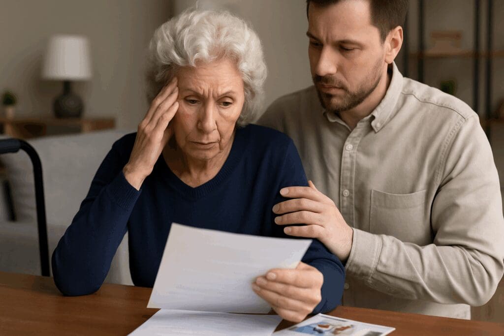 Thoughtful senior woman reviewing healthcare documents at home with family support, considering options for a treatment center nearby.

