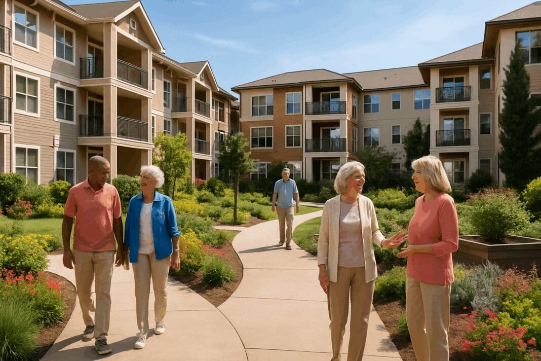 Seniors walking and chatting along landscaped walkways in a vibrant 55 and older apartments community on a sunny day.