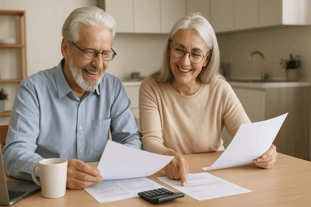Senior couple smiling while reviewing financial documents together in a modern kitchen at 55 and older apartments

