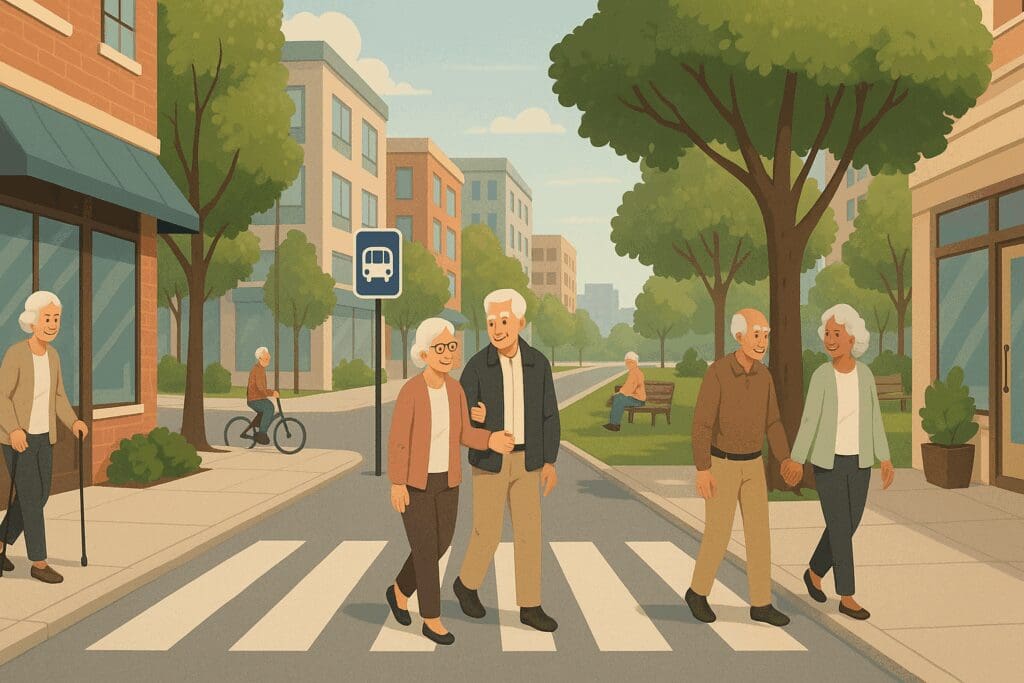 Seniors walking and socializing in a vibrant city neighborhood designed for 55 and older apartments, with wide sidewalks, parks, and accessible stores.