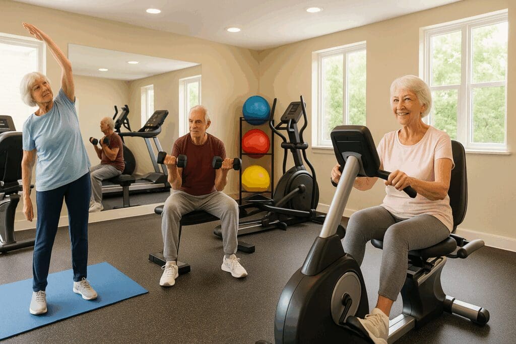 Bright fitness center inside 55 and older apartments with older adults using accessible exercise equipment and stretching mats.