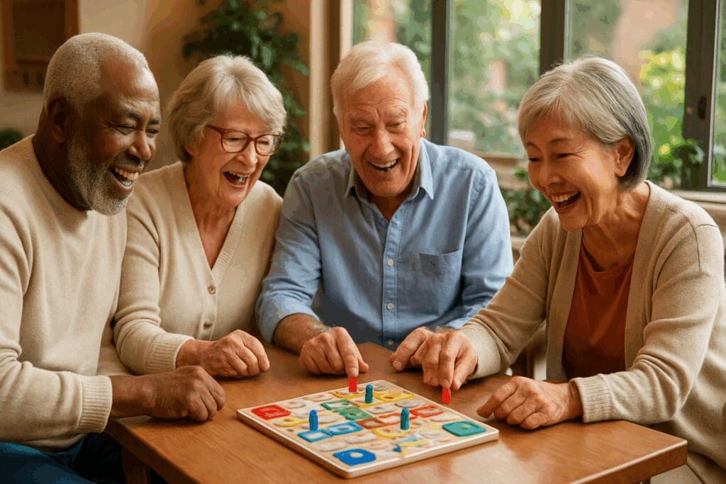 Cheerful senior residents playing a board game in a bright community lounge, promoting social life in 55 and older apartments.

