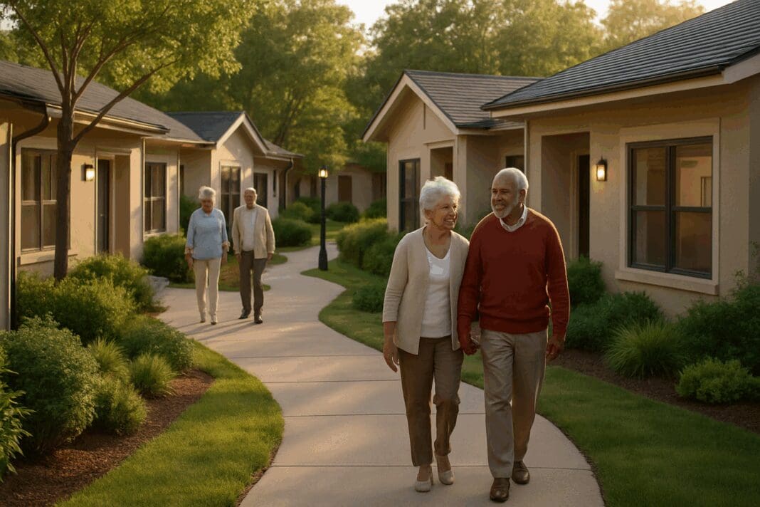 Friendly seniors walking along safe, well-lit paths outside affordable studio apartments for seniors surrounded by greenery and modern landscaping.