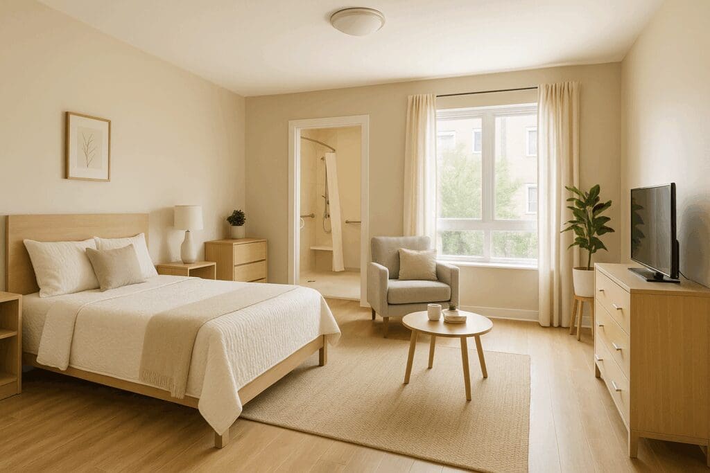 Bright, accessible interior of an affordable studio apartment for seniors featuring a cozy sitting area, open floor plan, and walk-in shower.