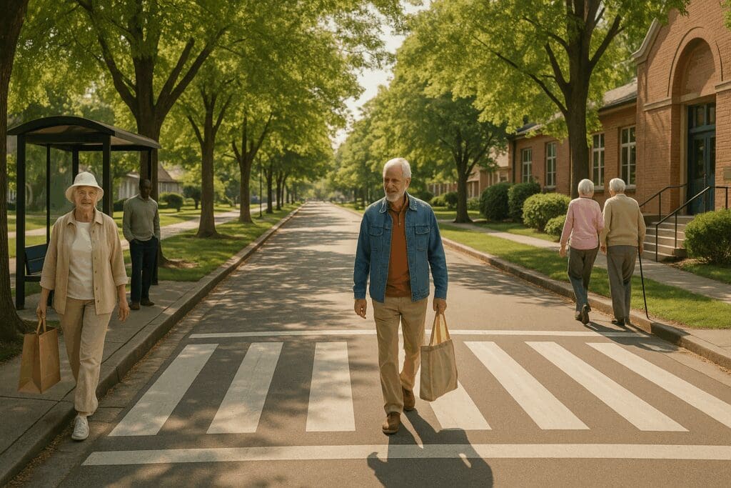 Senior citizens walking on a tree-lined street near affordable studio apartments for seniors, featuring a bus stop and community center.