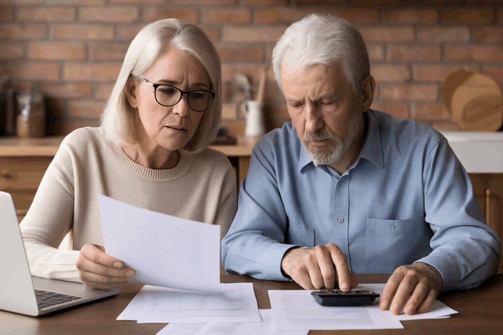 Senior couple reviewing finances at a kitchen table with laptop and documents, planning for affordable studio apartments for seniors
