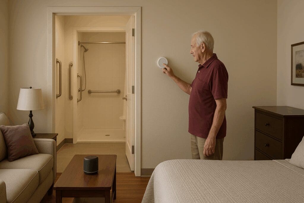 Senior adjusting smart thermostat in an affordable studio apartment for seniors with grab bars, wide doors, and smart home device.