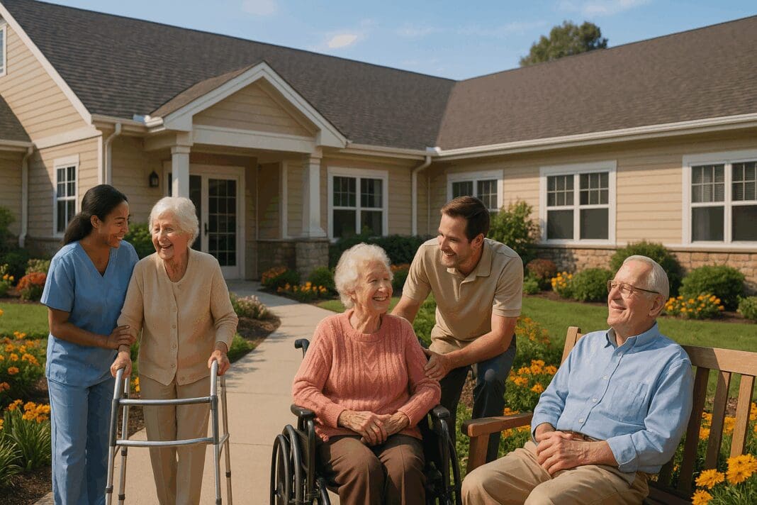 Warm, inviting exterior of a modern skilled nursing facility with gardens, smiling senior residents, and attentive caregivers outdoors on a sunny day, representing skilled nursing facilities near me.
