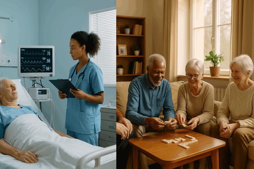 Nurse monitoring a senior patient's vitals in a clinical setting alongside seniors playing games in an assisted living lounge, representing skilled nursing facilities near me.
