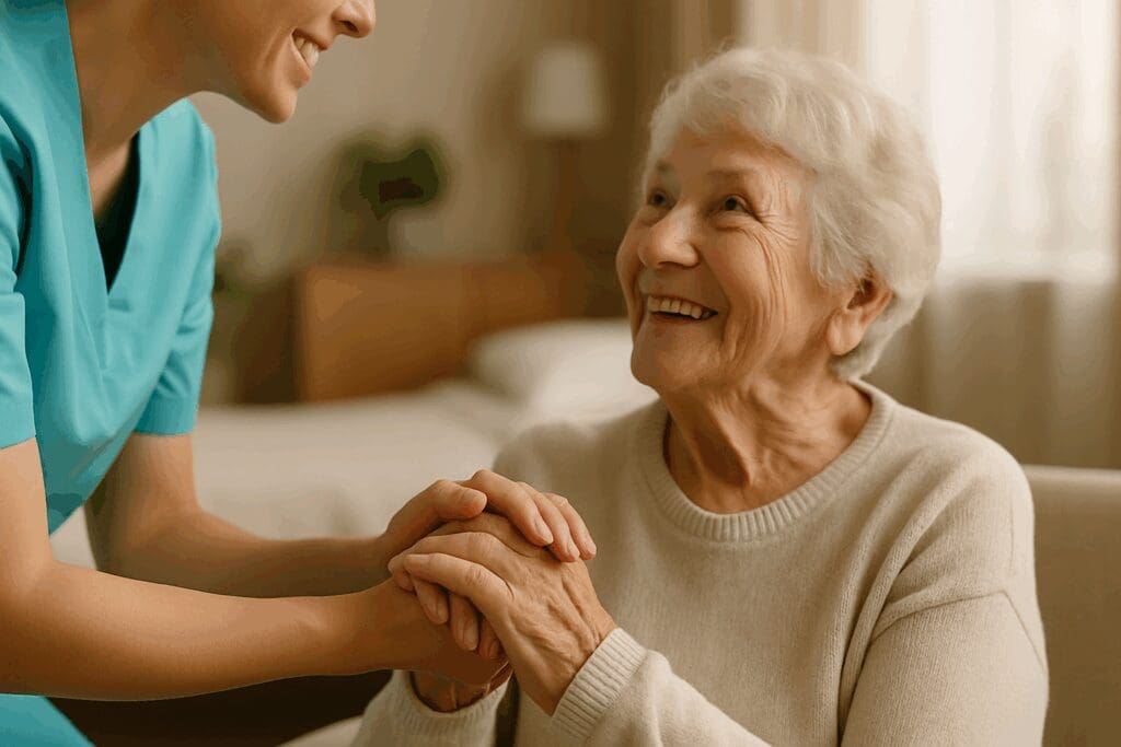Caregiver holding hands with a smiling senior woman in a cozy room at skilled nursing facilities near me.

