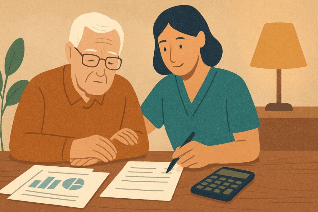 Elderly man and caregiver reviewing financial documents at a desk with a calculator and charts, illustrating financial planning at skilled nursing facilities near me.

