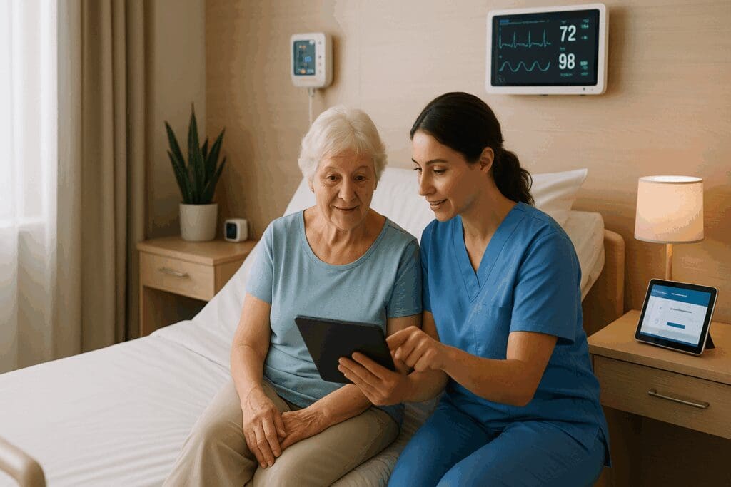 Caregiver assisting elderly woman with a tablet for telehealth in a modern patient room at skilled nursing facilities near me

