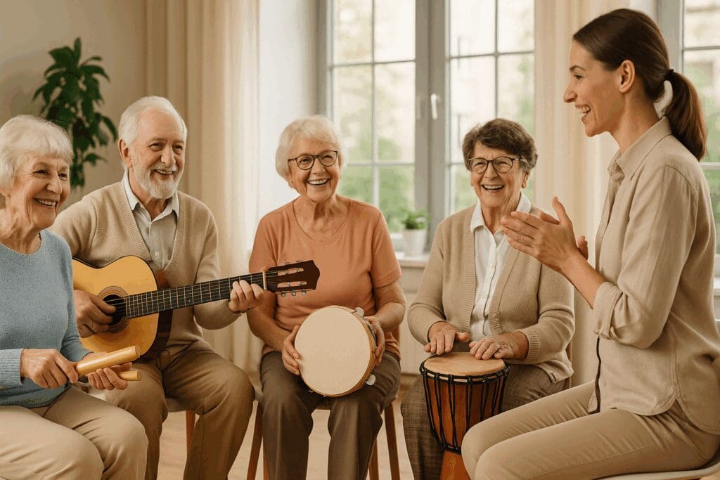 Group music therapy session at skilled nursing facilities near me with seniors playing instruments and smiling in a bright common room.
