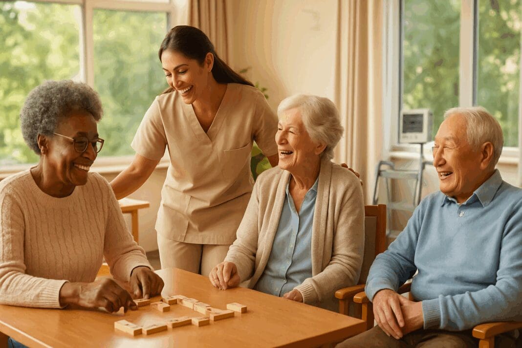 Friendly staff assisting diverse elderly residents playing games and socializing in a bright, modern facility for skilled nursing homes near me.