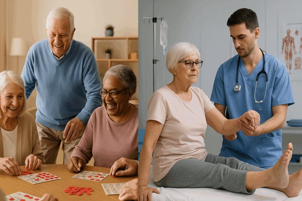 Split-screen showing seniors enjoying social activities in an assisted living center and a patient receiving therapy care in skilled nursing homes near me.

