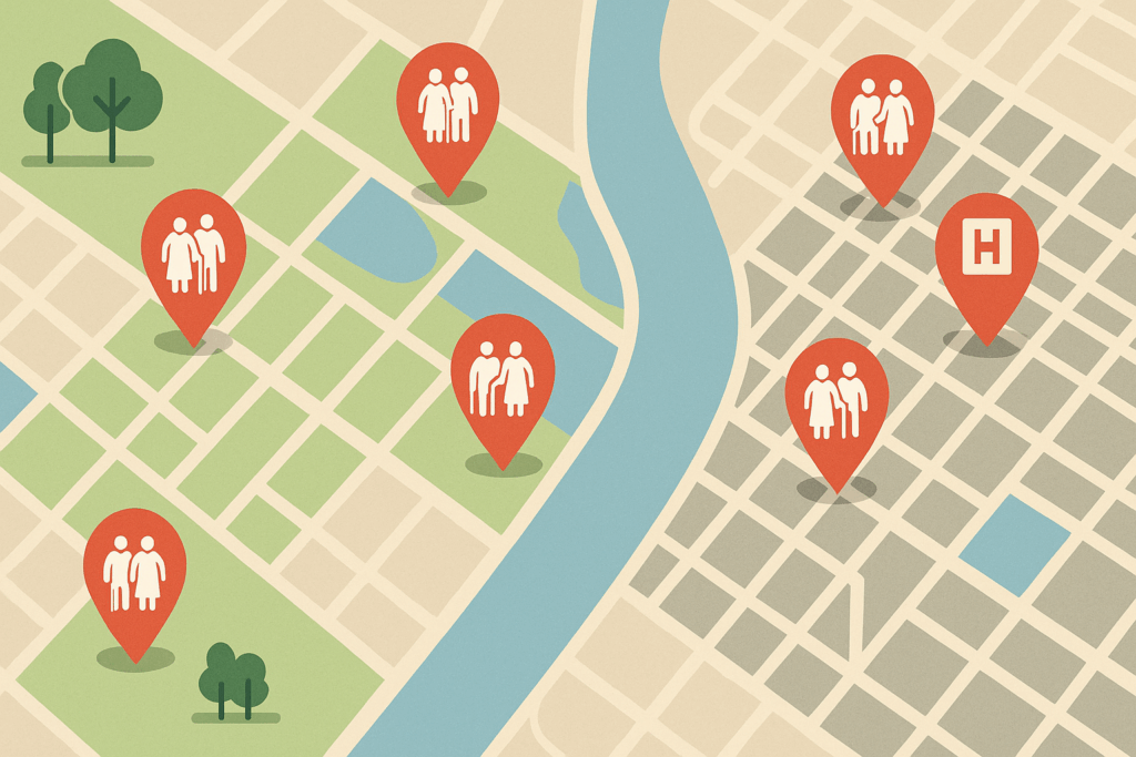 Map illustration showing suburban and urban areas with pins marking skilled nursing homes near me near parks, hospitals, and residential neighborhoods.