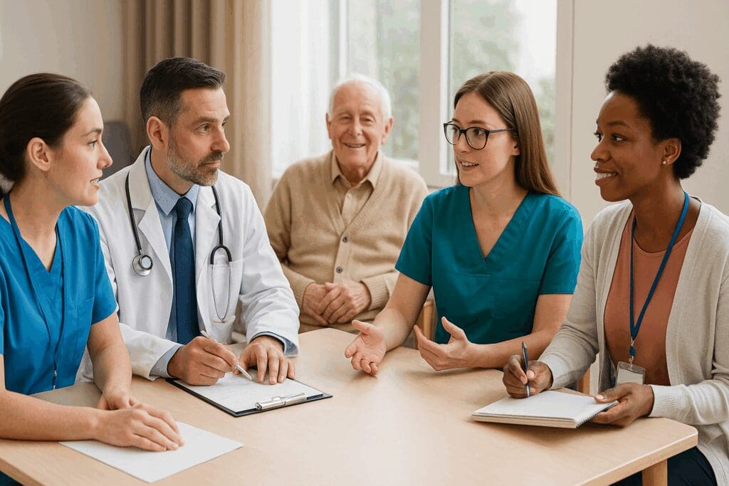 Healthcare professionals discussing personalized care plans with an elderly resident in a meeting at skilled nursing homes near me

