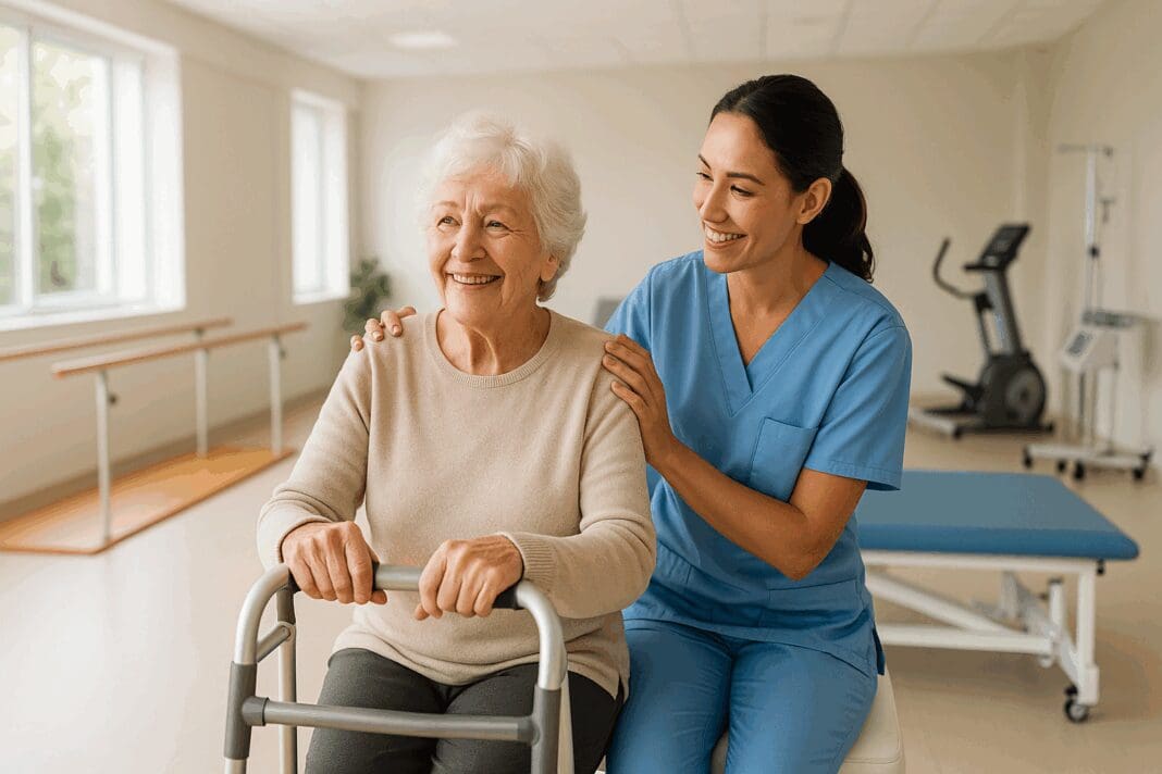 Cheerful elderly woman using a walker assisted by a nurse in a bright rehabilitation room at a short term nursing home.