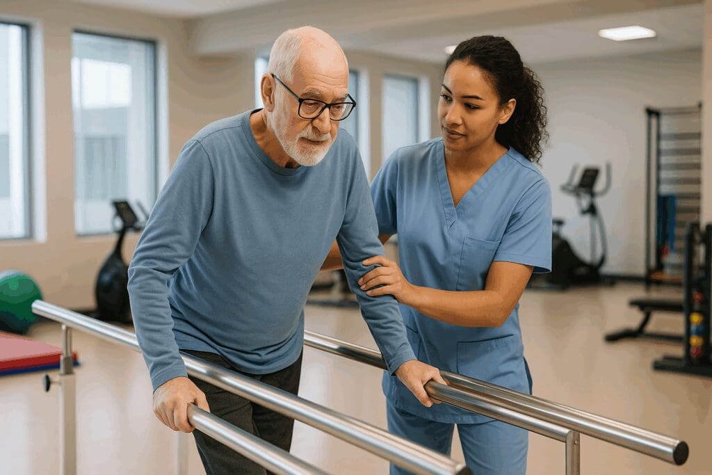Elderly man practicing walking with a physical therapist in a rehabilitation gym at a short term nursing home, using parallel bars and surrounded by therapy equipment.