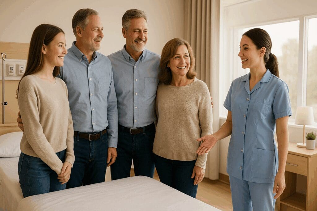 Family touring a short term nursing home with a staff member, viewing a clean, private patient room with cozy bedding and natural light

