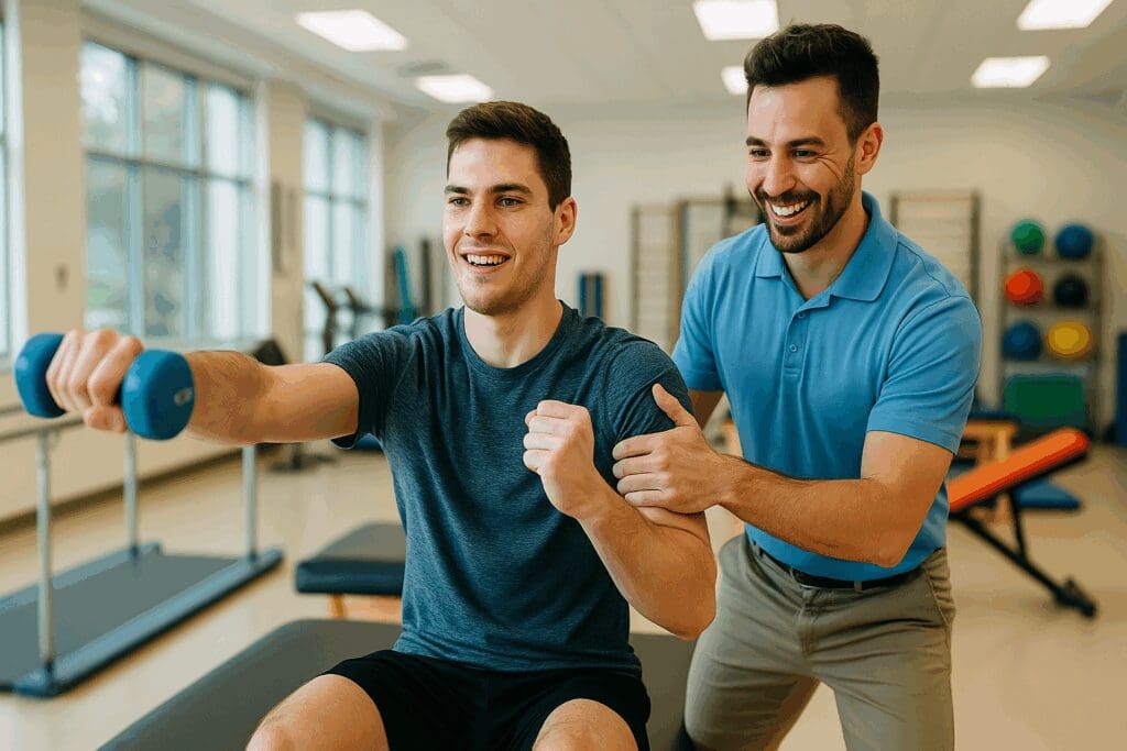 Young adult male doing physical therapy exercises with a therapist in a short term nursing home rehabilitation center.

