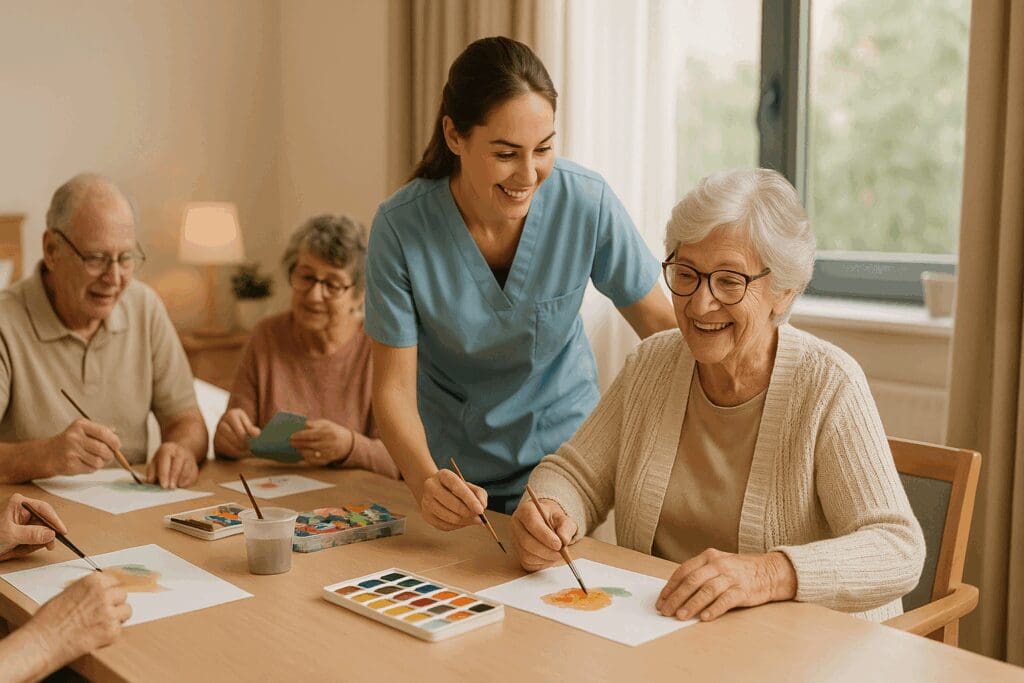 Elderly woman painting with peers in a bright, peaceful activity room at a short term nursing home, assisted by a smiling caregiver.


