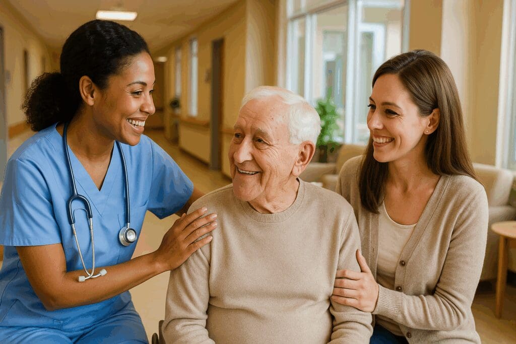 Nurse warmly interacting with elderly man and daughter during a short term nursing home facility tour, showcasing a caring environment.

