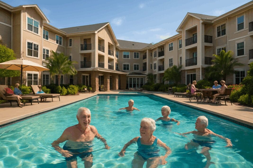 Seniors enjoying a sunny day at a modern assisted living with pool near me, featuring a heated outdoor pool, lush gardens, and resort-style buildings.