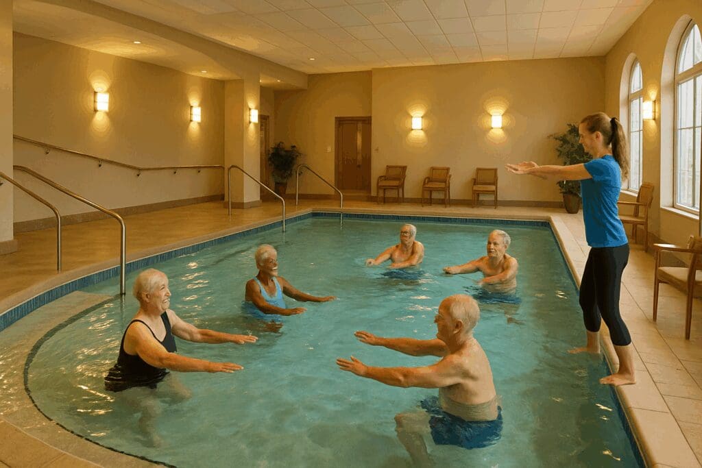 Seniors participating in aqua aerobics with an instructor at a cozy indoor facility for assisted living with pool near me, featuring warm lighting and accessibility ramps.

