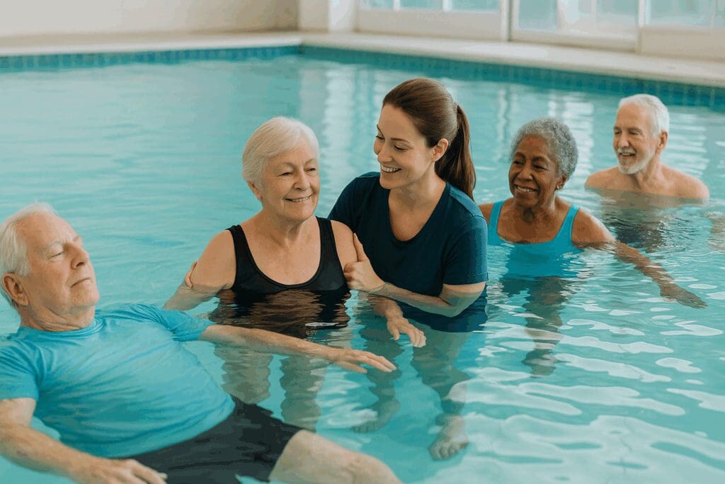 Seniors enjoying therapeutic water exercises guided by a professional therapist at an assisted living with pool near me.