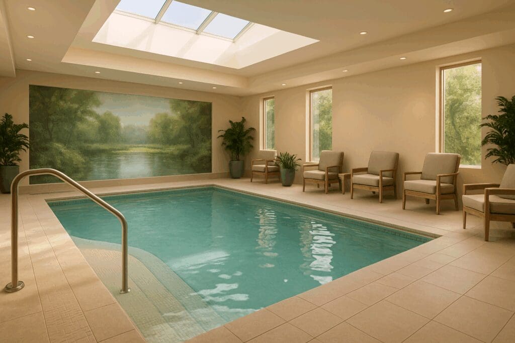 Serene assisted living with pool near me featuring zero-entry access, skylights, nature mural, anti-slip tiles, and cozy seating.