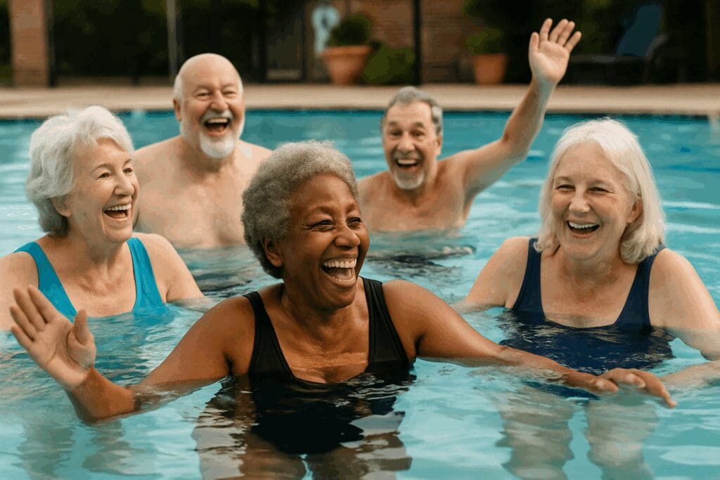 Seniors enjoying a lively water aerobics class together at an assisted living with pool near me, laughing and building community.