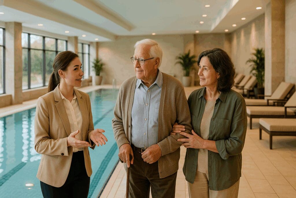 Senior couple touring an assisted living with pool near me, guided by a friendly staff member beside a bright indoor pool with lounge chairs.

