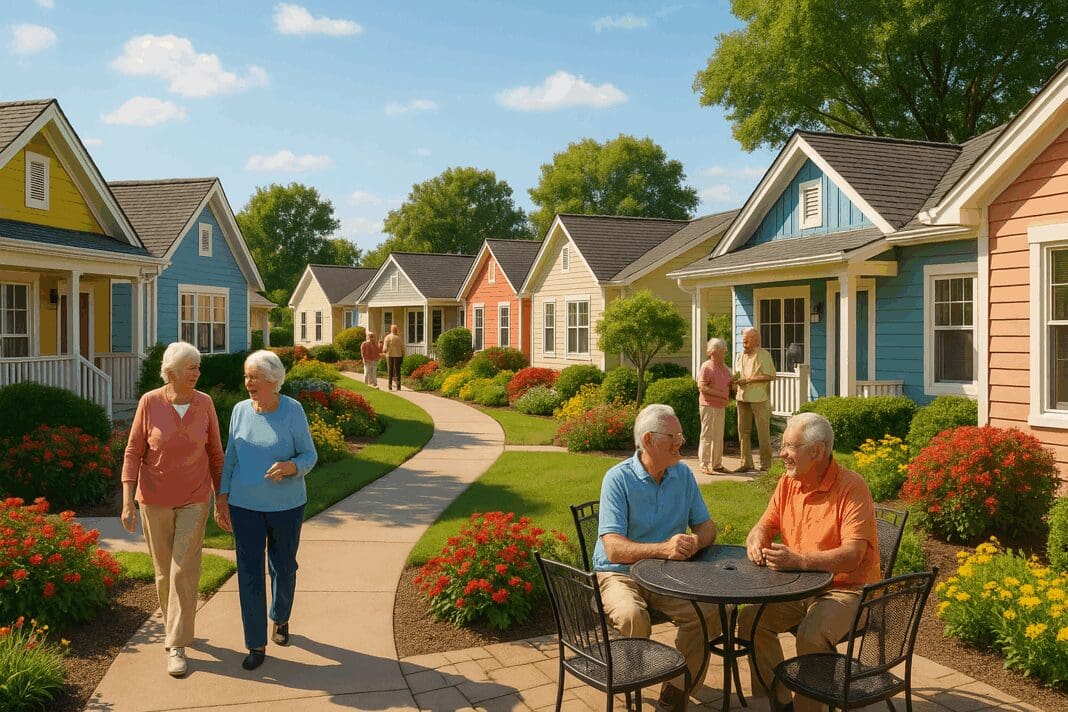 Vibrant seniors retirement villages featuring colorful cottages, landscaped walking paths, and active seniors socializing outdoors on a sunny day
