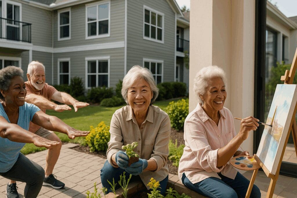 Seniors participating in fitness, gardening, and painting activities at modern seniors retirement villages promoting vibrant, independent living.

