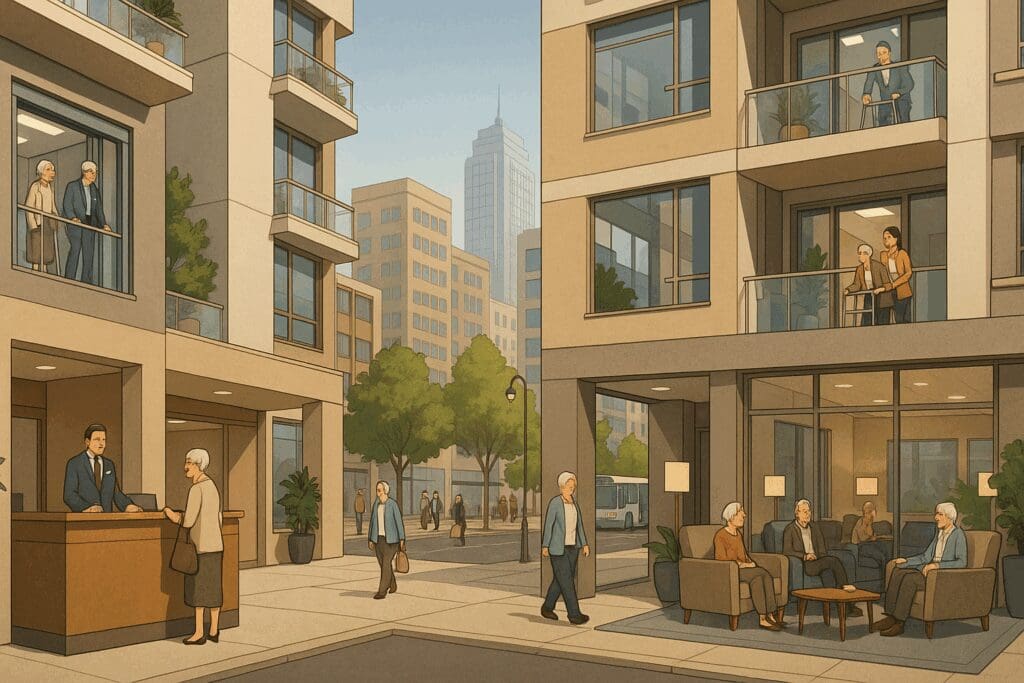 Modern seniors retirement villages with multi-story apartments, concierge service, elevators, communal lounge, and easy city access.

