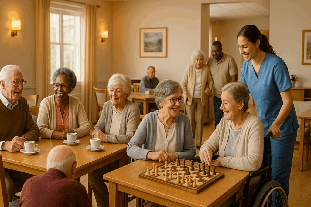 Seniors of diverse health levels socializing and playing chess with staff assistance in a warm, inclusive common area at seniors retirement villages.