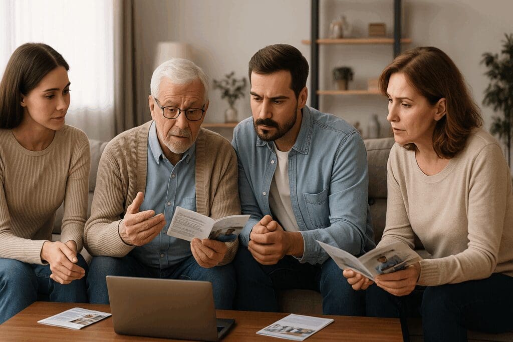 Family meeting with an elderly parent at home, reviewing brochures and a laptop to choose the best seniors retirement villages.

