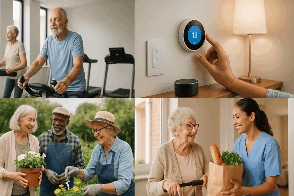 Seniors retirement villages offering fitness centers, smart apartments, gardening clubs, and grocery assistance.