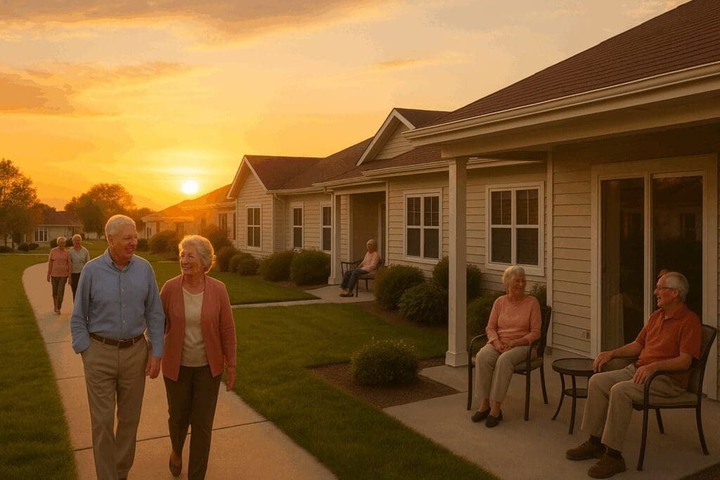 Smiling older adults walking and relaxing outdoors at sunset in one of the seniors retirement villages, showing connection and happiness.
