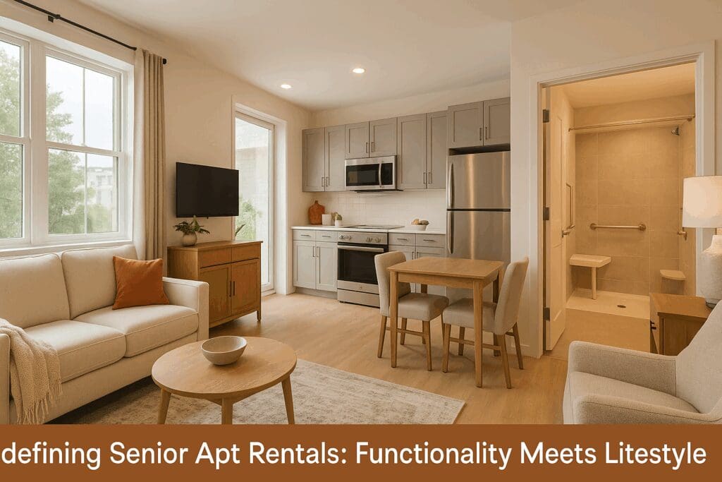 Open-concept living room and kitchen with modern furniture, wide doorways, and accessible features designed for senior apt rentals.

