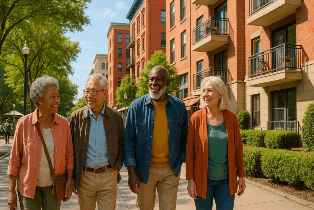 Diverse group of seniors walking near parks, cafes, and senior apt rentals in a vibrant, accessible urban neighborhood.