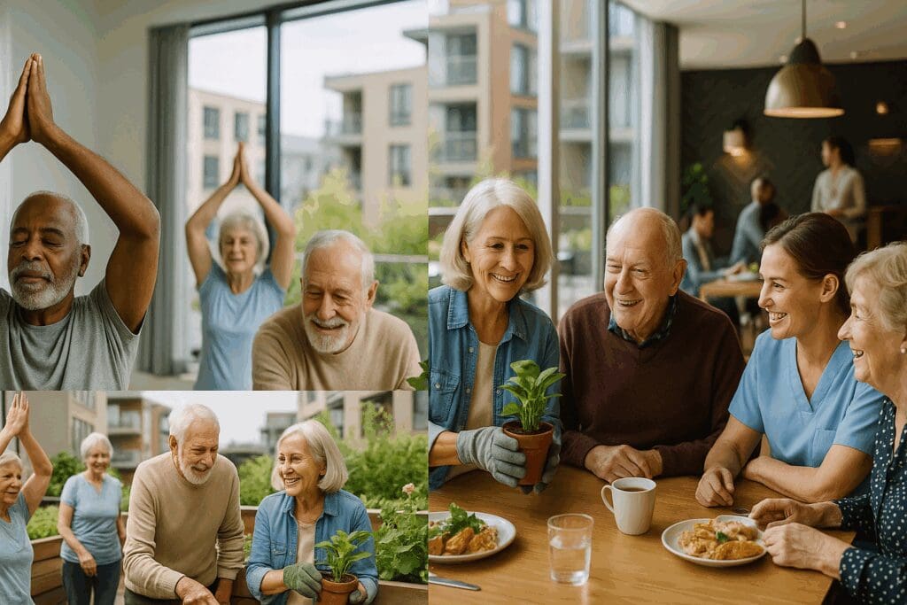 Seniors enjoying wellness activities like yoga, rooftop gardening, and communal dining in a vibrant senior apt rentals community.

