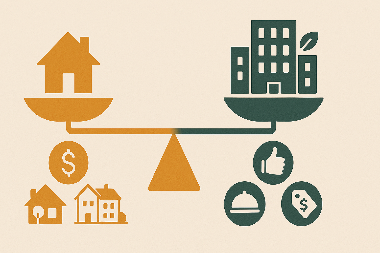 Infographic comparing traditional retirement communities and senior apt rentals using a balanced scale with icons for affordable housing, eco-friendly buildings, bundled services, and flexible pricing.