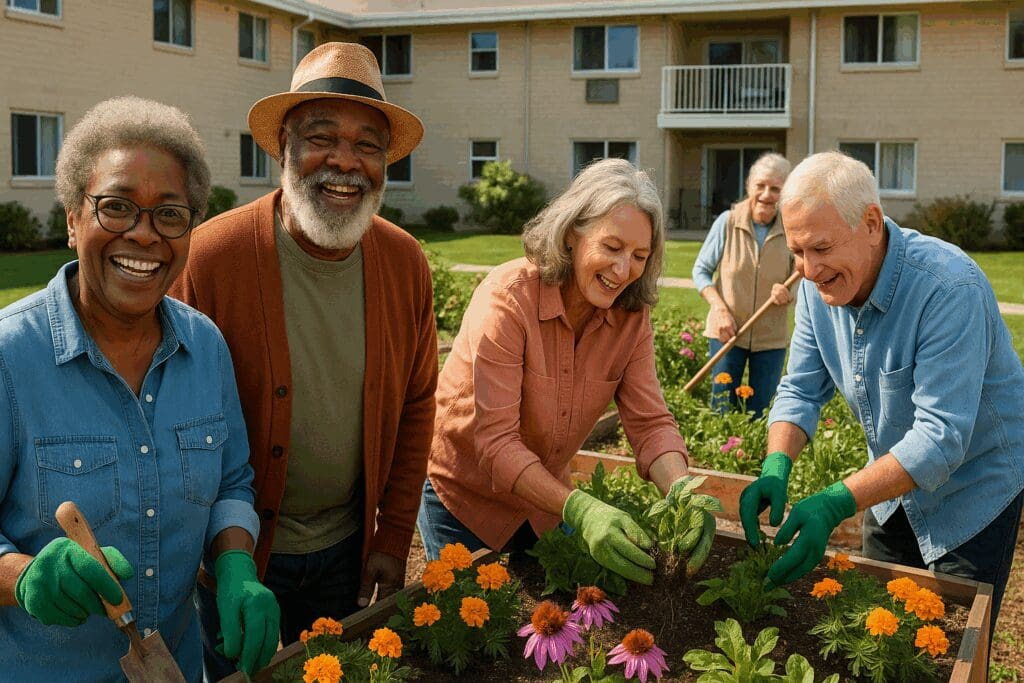 Older adults gardening together at senior living apartments based on income, enjoying vibrant outdoor community activities.

