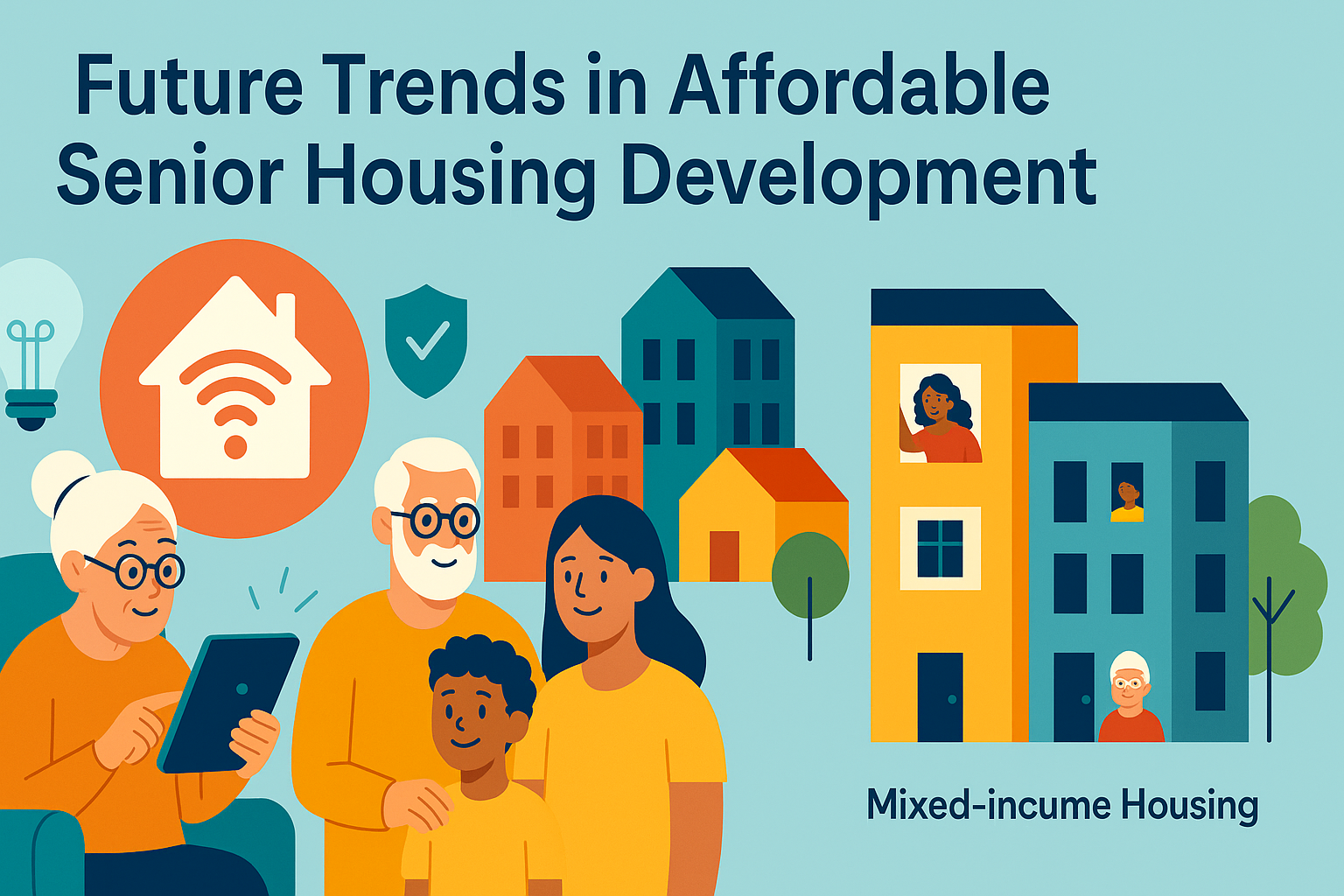 Infographic illustrating future trends in affordable senior housing, featuring smart technology for seniors, intergenerational communities, and senior living apartments based on income.

