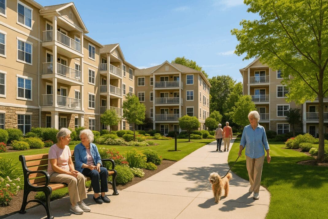 Lively senior living apt community with residents walking dogs, chatting on benches, and enjoying lush gardens under a sunny sky.