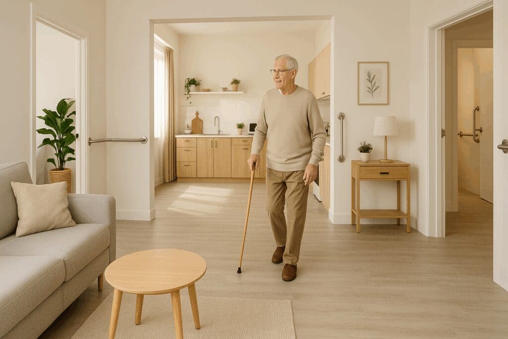Bright, accessible senior living apt interior with wide doorways, grab bars, non-slip floors, and an elderly man walking independently.