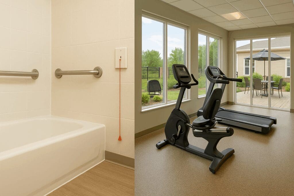 Accessible senior living apt bathroom with grab bars and emergency pull cord next to fitness room and outdoor patio area

