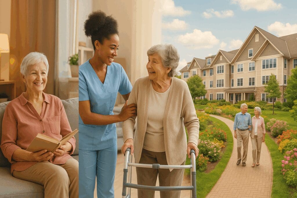 Cozy senior living apt with a smiling elderly woman reading, friendly caregiver assisting a resident, and landscaped retirement community gardens.

